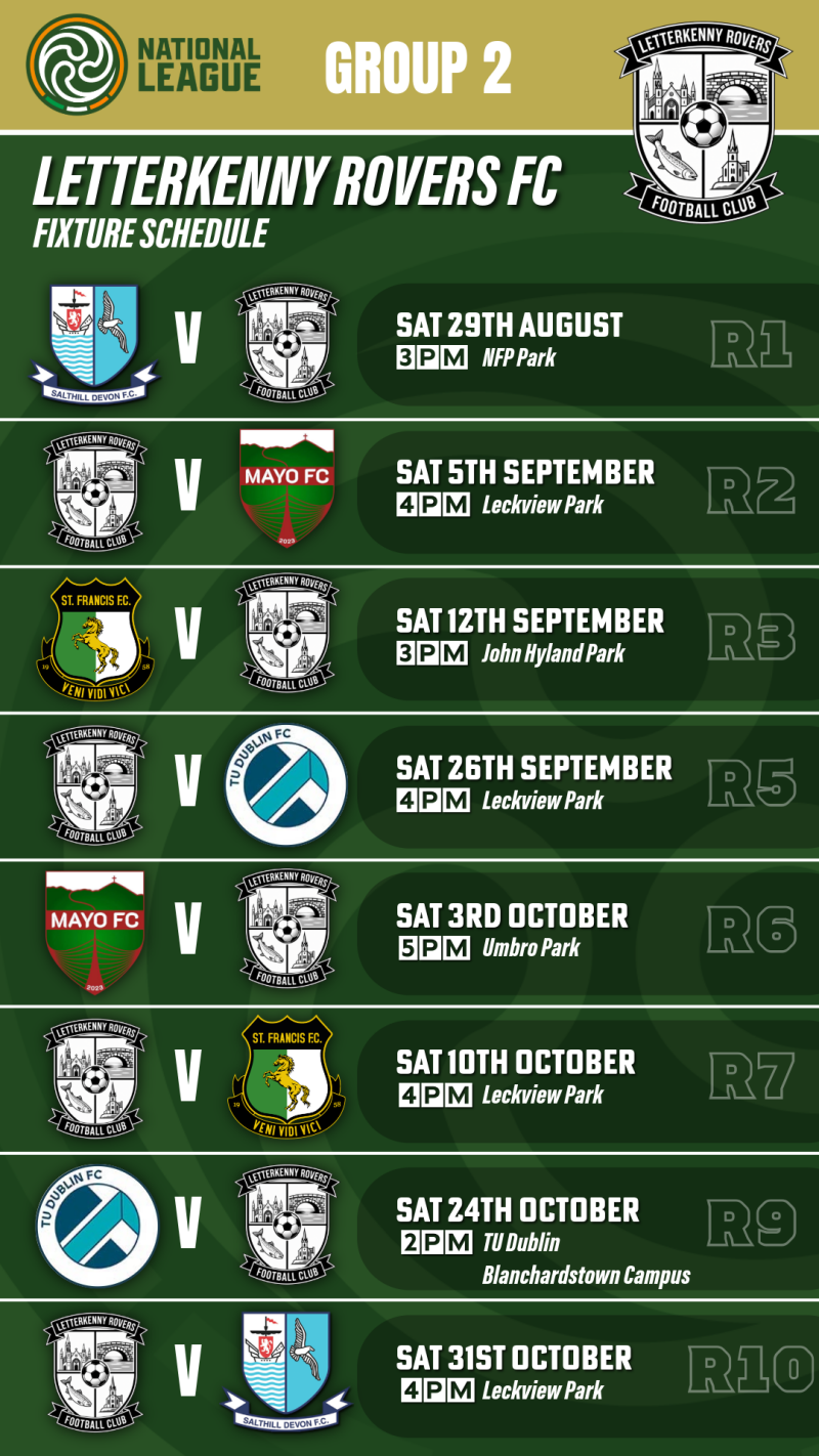 Letterkenny Rovers Fixtures for the 2026 truncated season starting 29th August, ending 31st October 2026