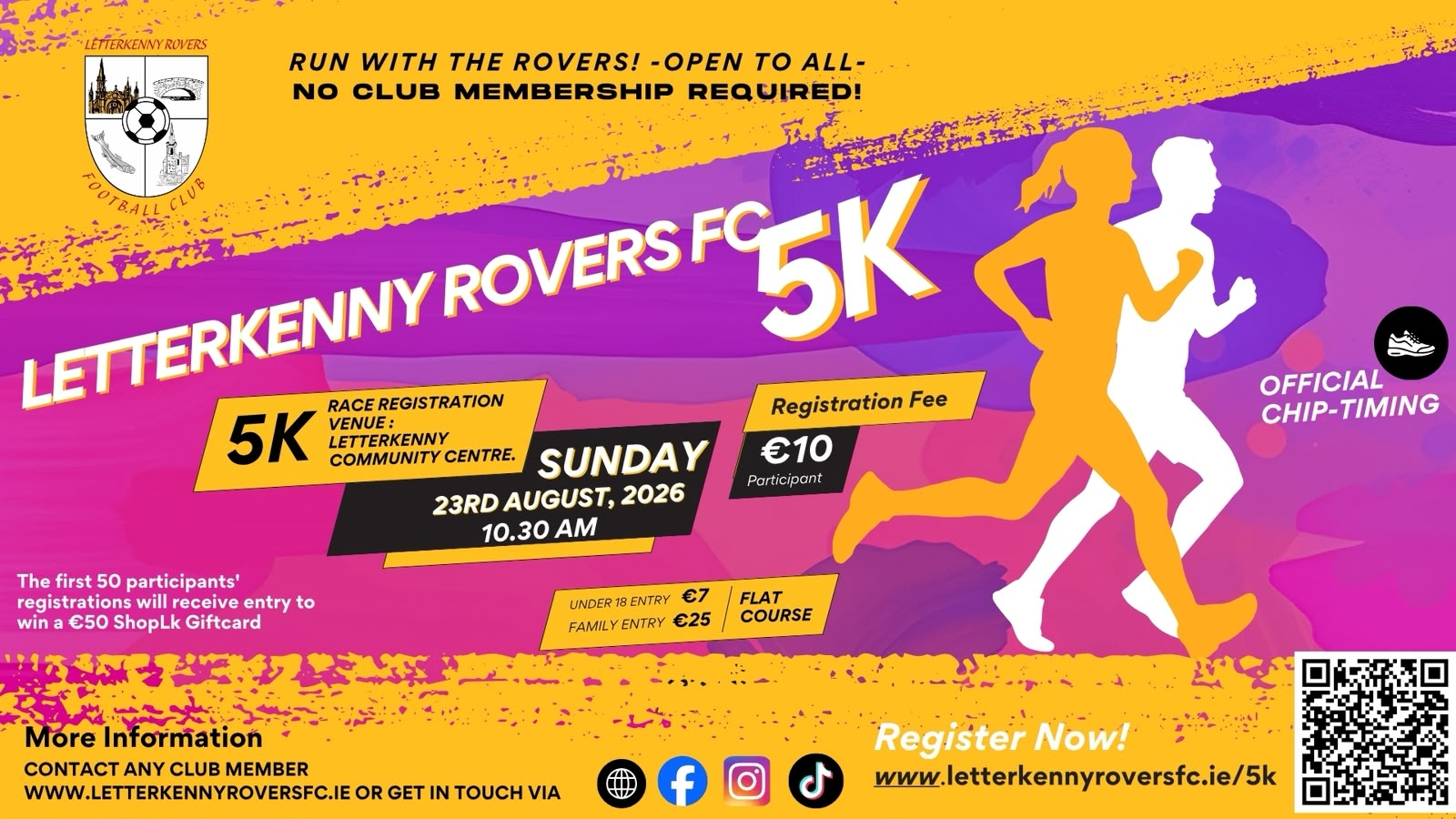 Letterkenny Rovers 5K on the 23rd August 2026 starting 10:30am. Register online.