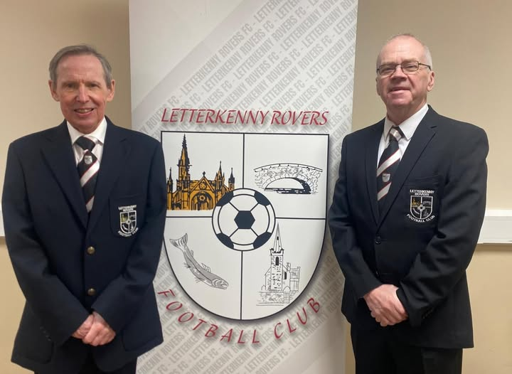 Photo of Gerry Meehan and Michael Duffy who were appointed Honorary President and Honorary Vice President at the 2026 Letterkenny Rovers FC AGM