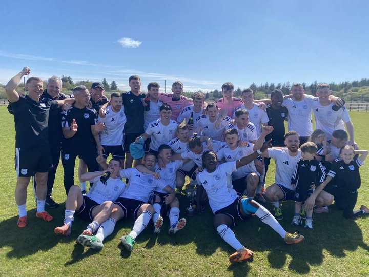 Letterkenny Rovers first team celebrate winning the League title for the second year in a row on 26th April 2026