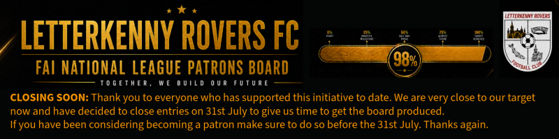 Patrons Board is now at 98% of Target. Thank you to everyone that has supported the initiative to date. We will be closing the board on the 31st July 2026