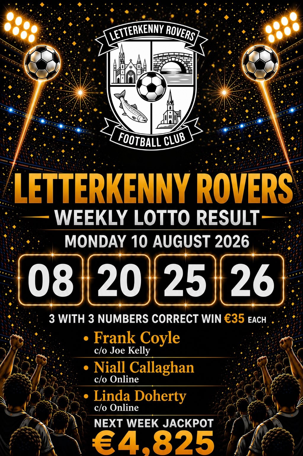 Image of the winning numbers from the club lotto draw which takes place weekly