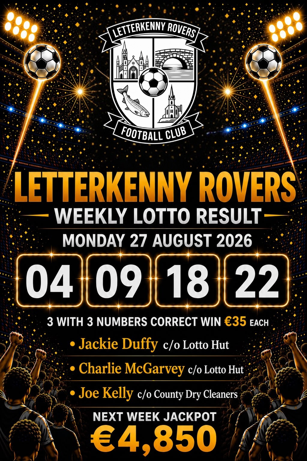 Image of the winning numbers from the club lotto draw which takes place weekly
