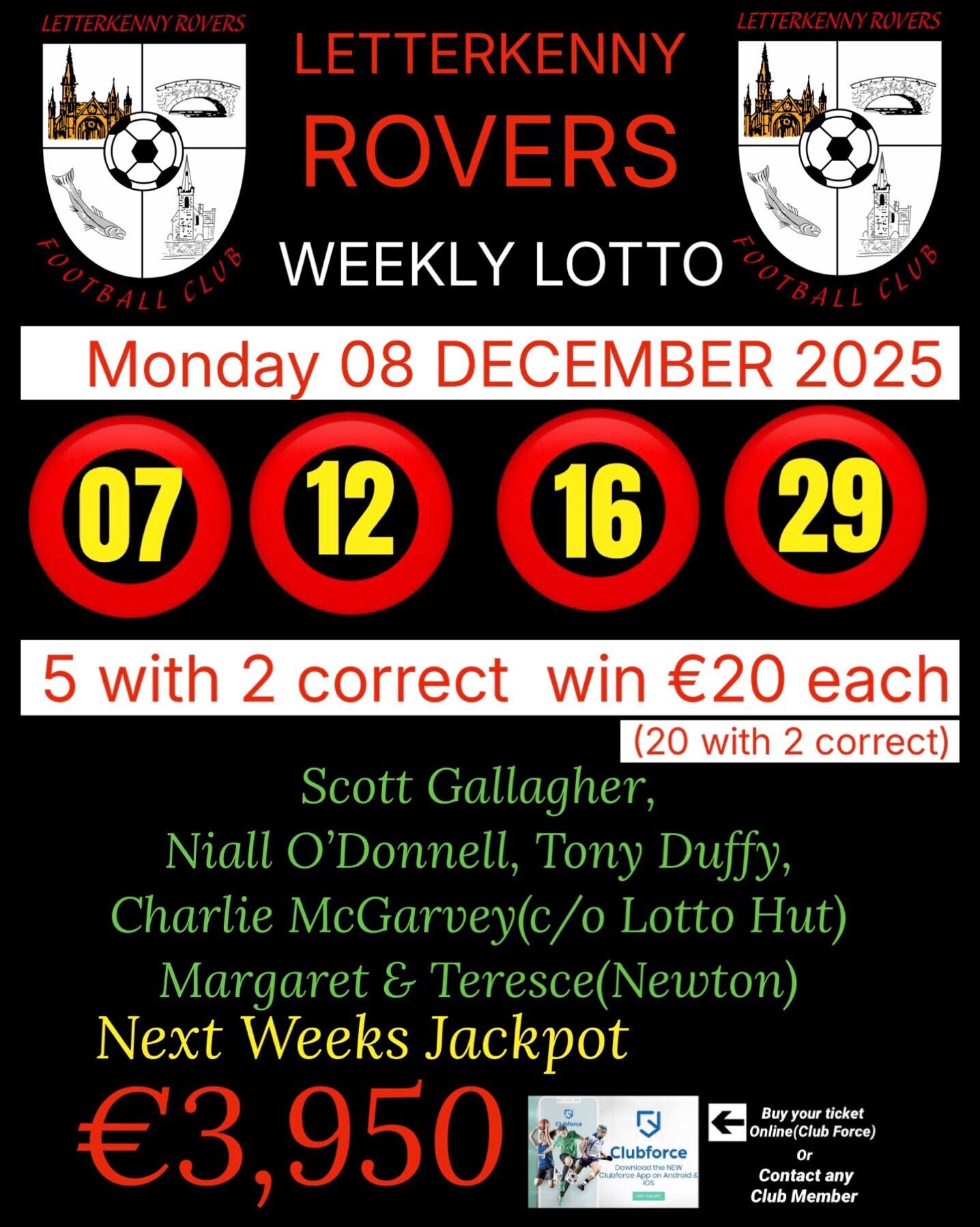 Image of the winning numbers from the club lotto draw which takes place weekly