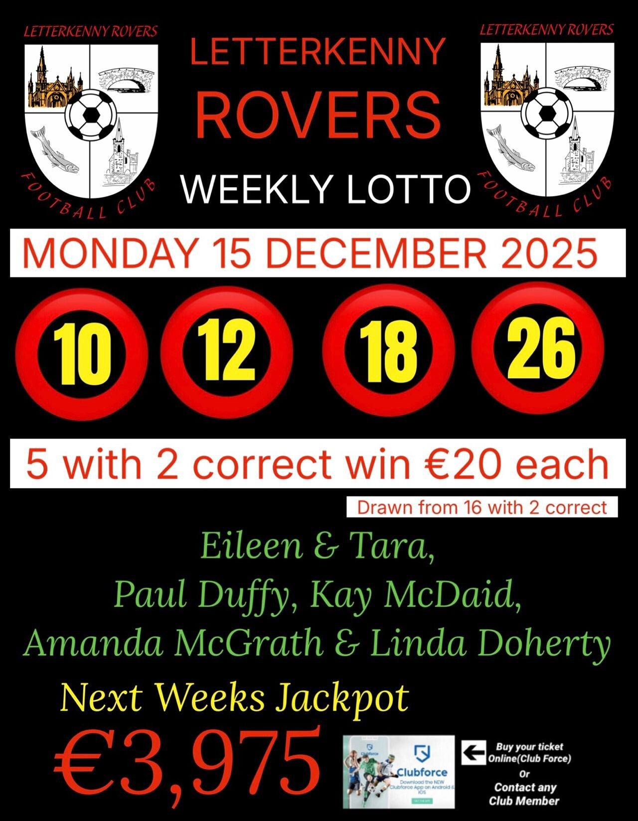 Image of the winning numbers from the club lotto draw which takes place weekly
