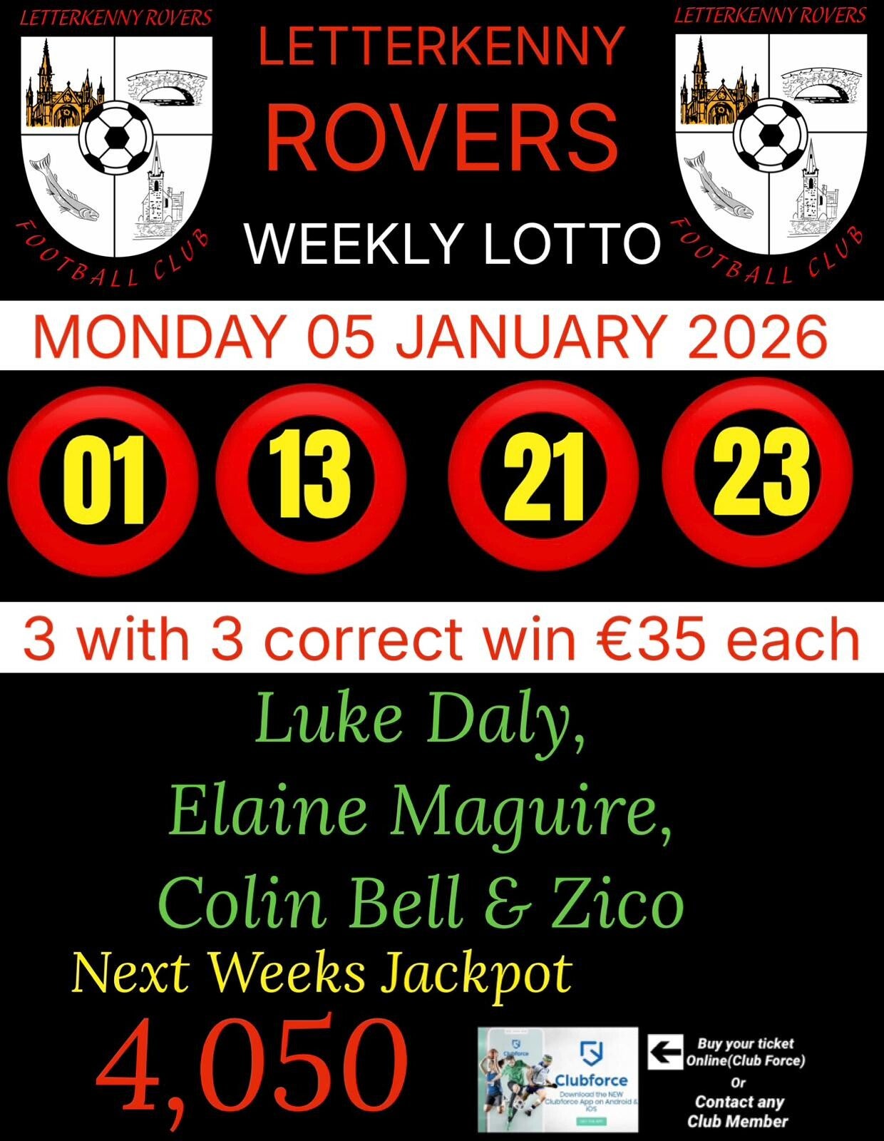 Image of the winning numbers from the club lotto draw which takes place weekly