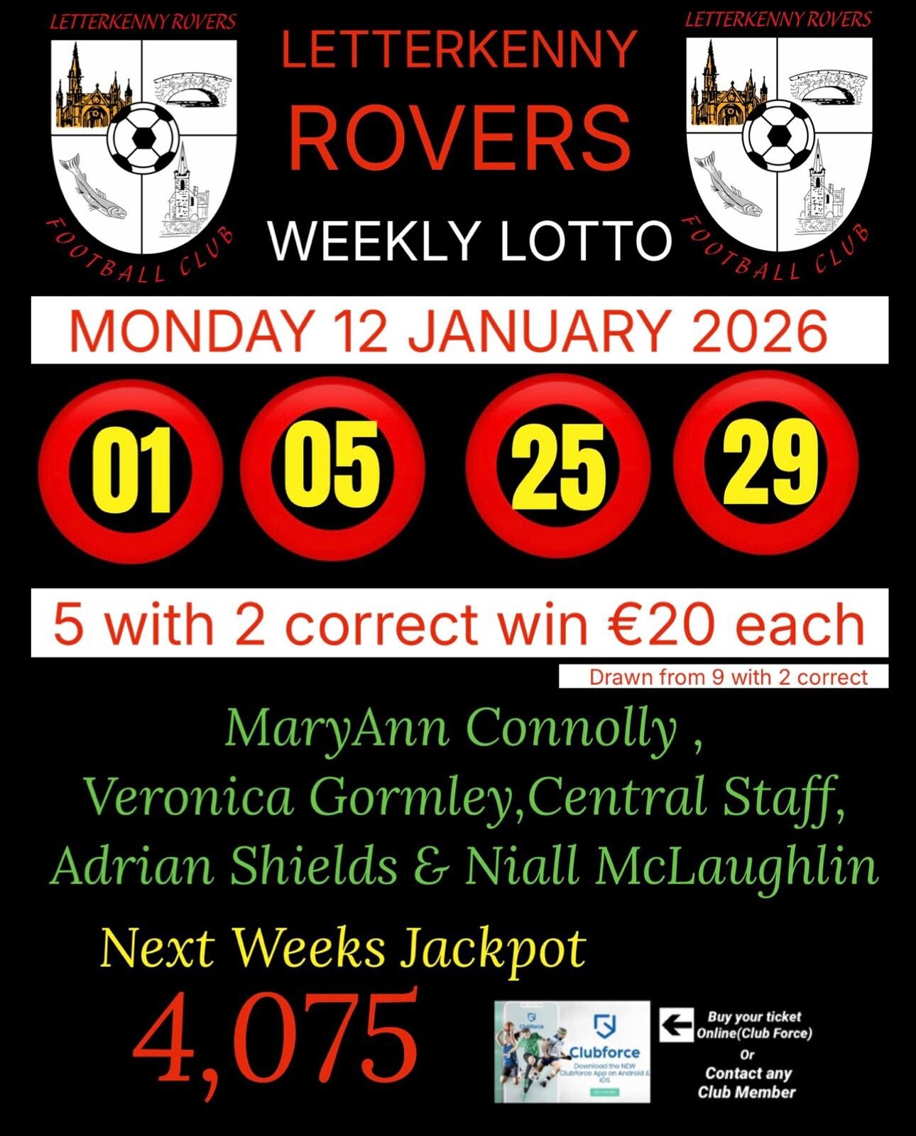 Image of the winning numbers from the club lotto draw which takes place weekly