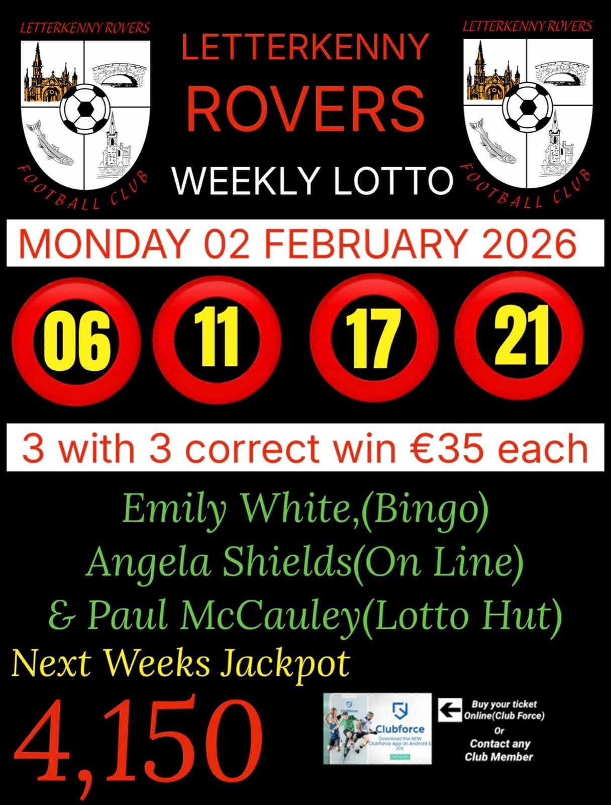 Image of the winning numbers from the club lotto draw which takes place weekly