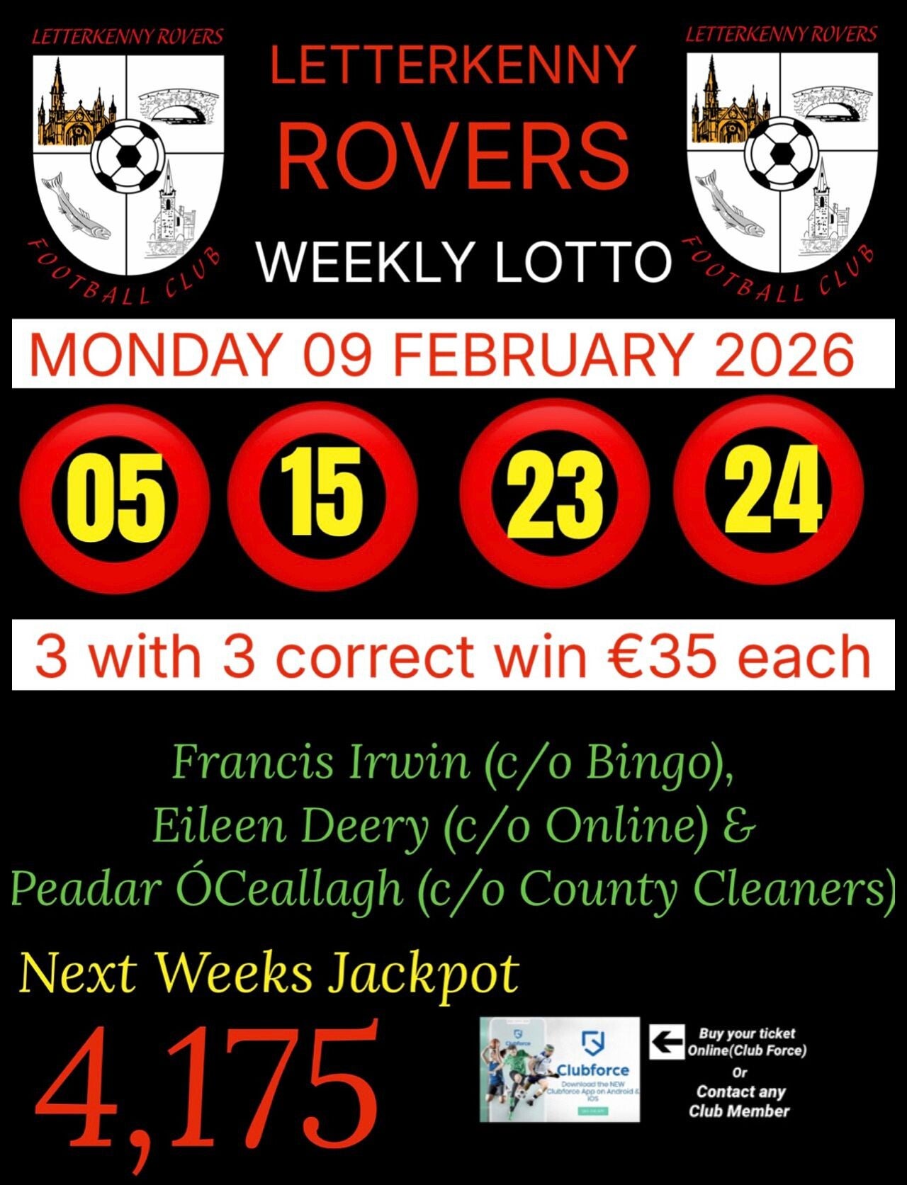 Image of the winning numbers from the club lotto draw which takes place weekly