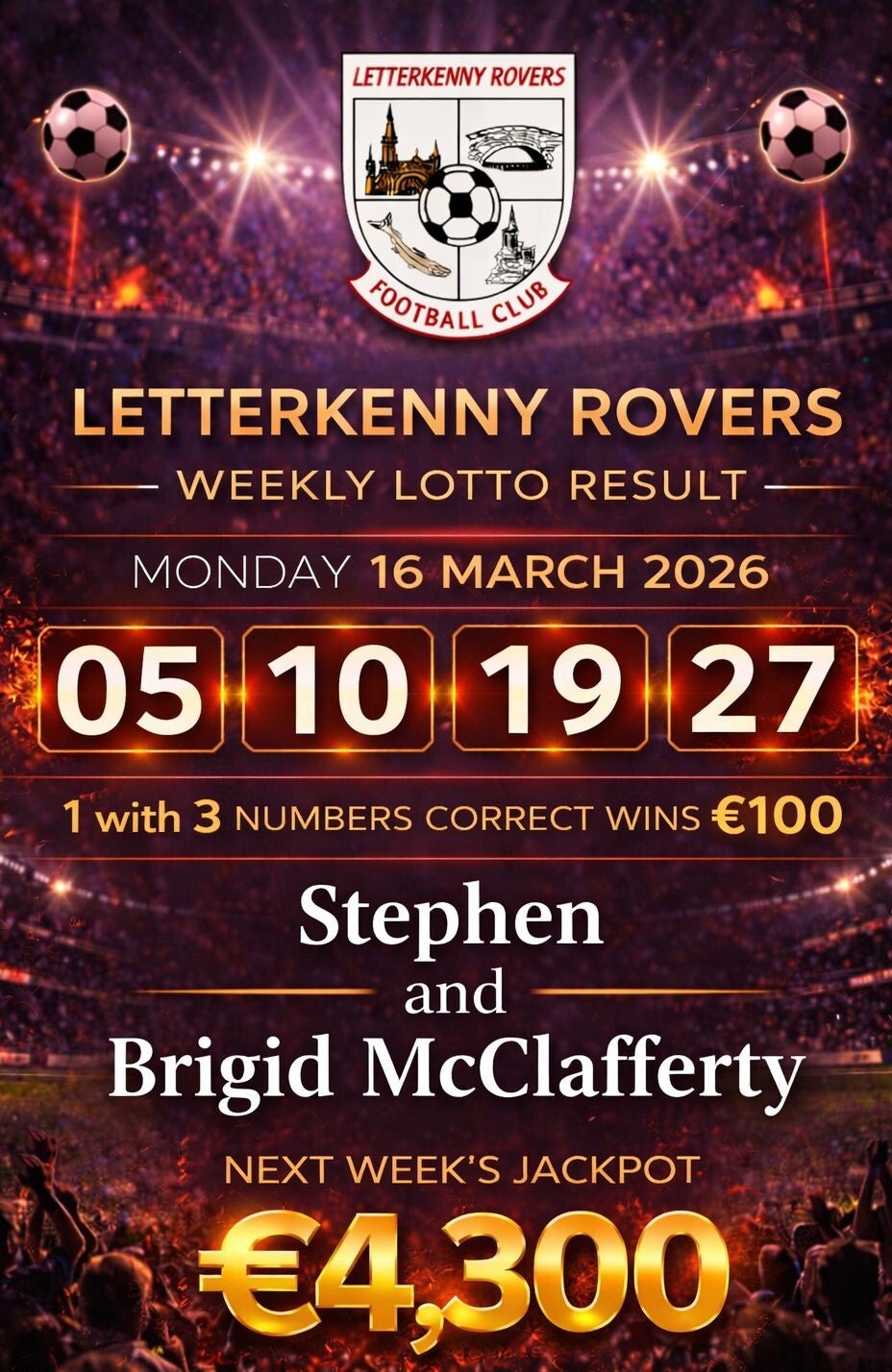 Image of the winning numbers from the club lotto draw which takes place weekly