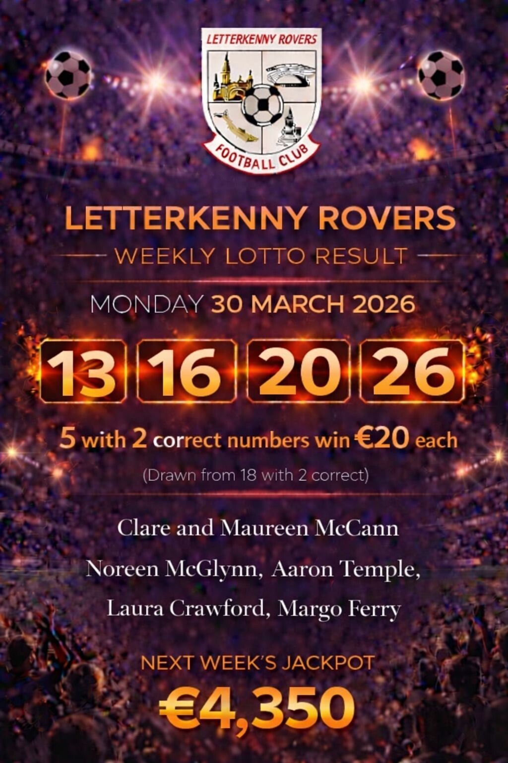 Image of the winning numbers from the club lotto draw which takes place weekly