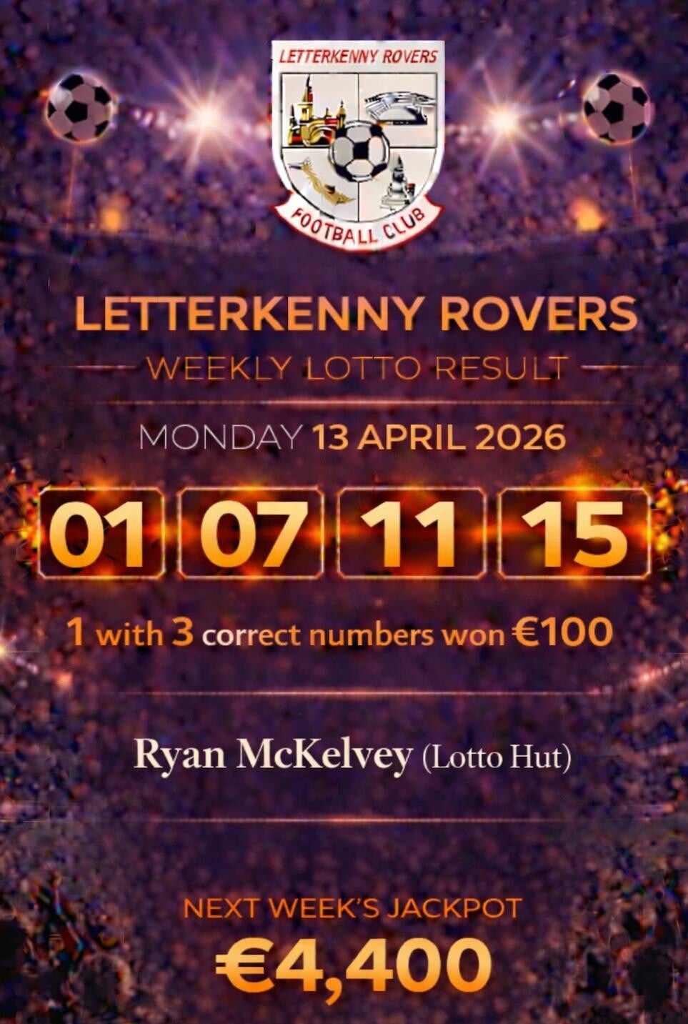 Image of the winning numbers from the club lotto draw which takes place weekly
