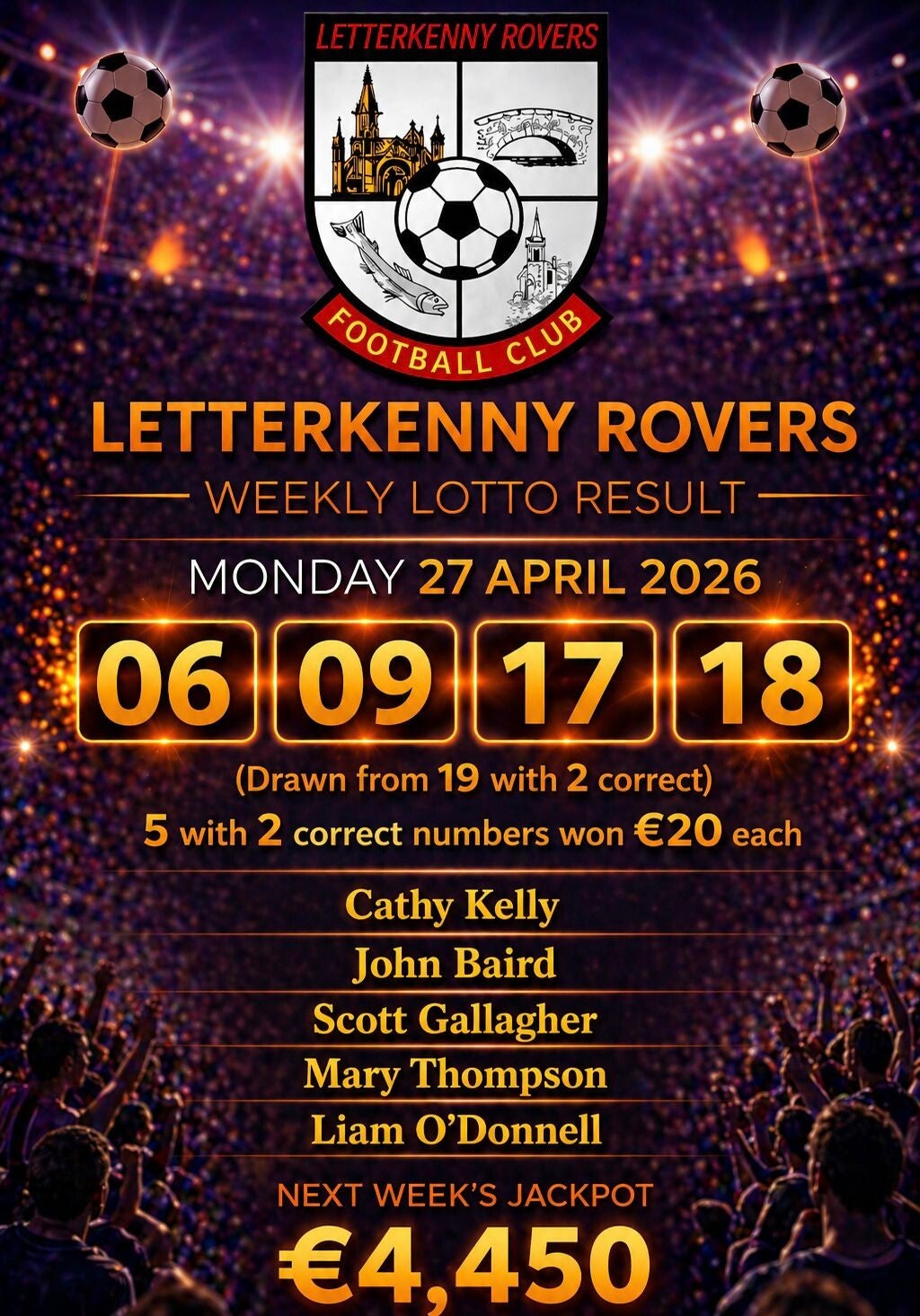 Image of the winning numbers from the club lotto draw which takes place weekly
