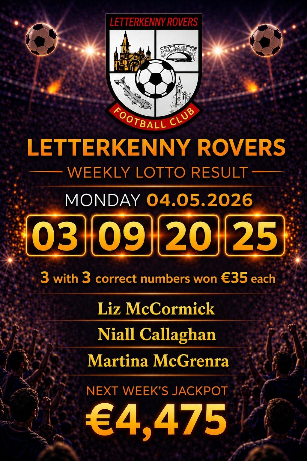 Image of the winning numbers from the club lotto draw which takes place weekly