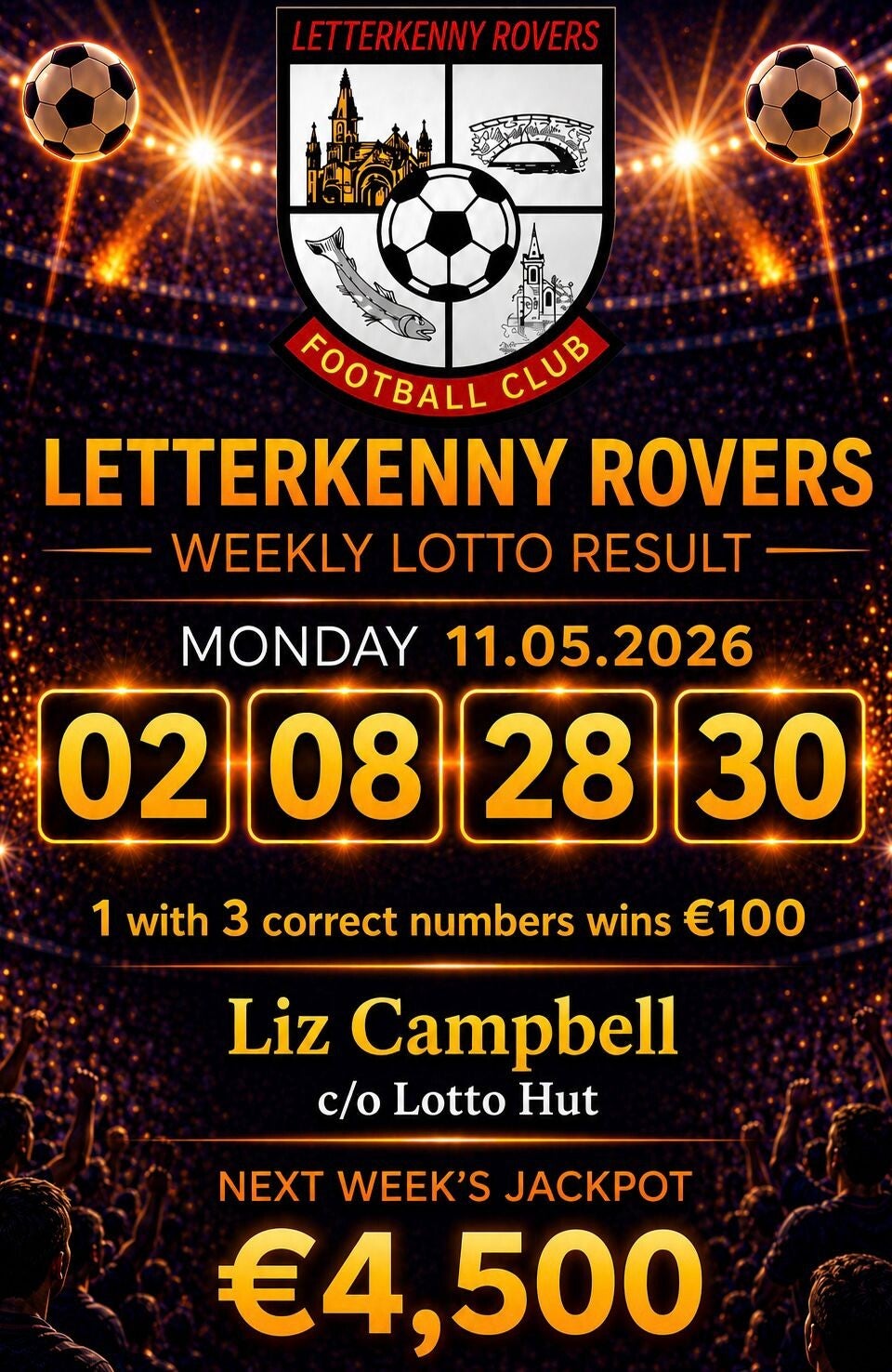 Image of the winning numbers from the club lotto draw which takes place weekly