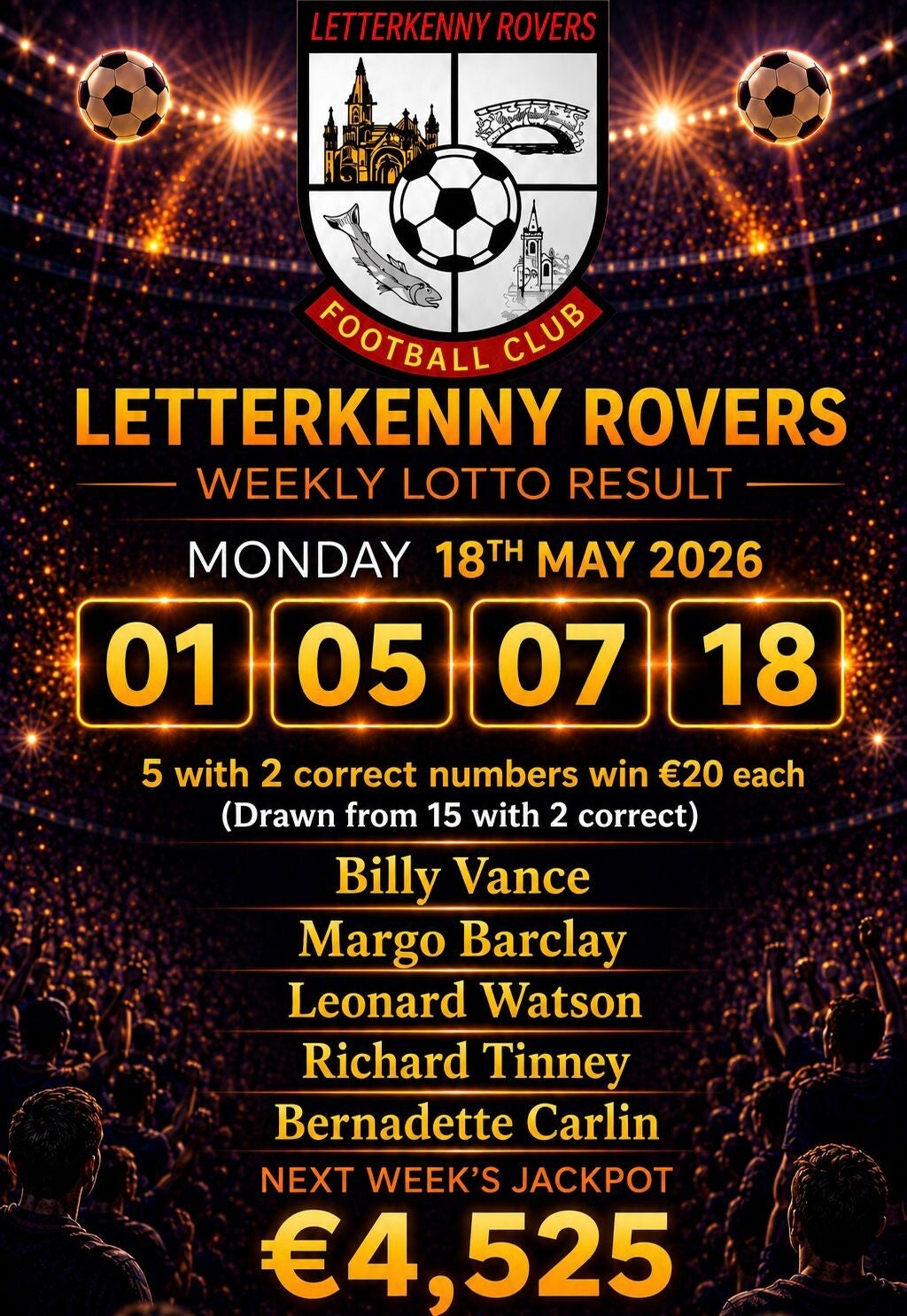 Image of the winning numbers from the club lotto draw which takes place weekly