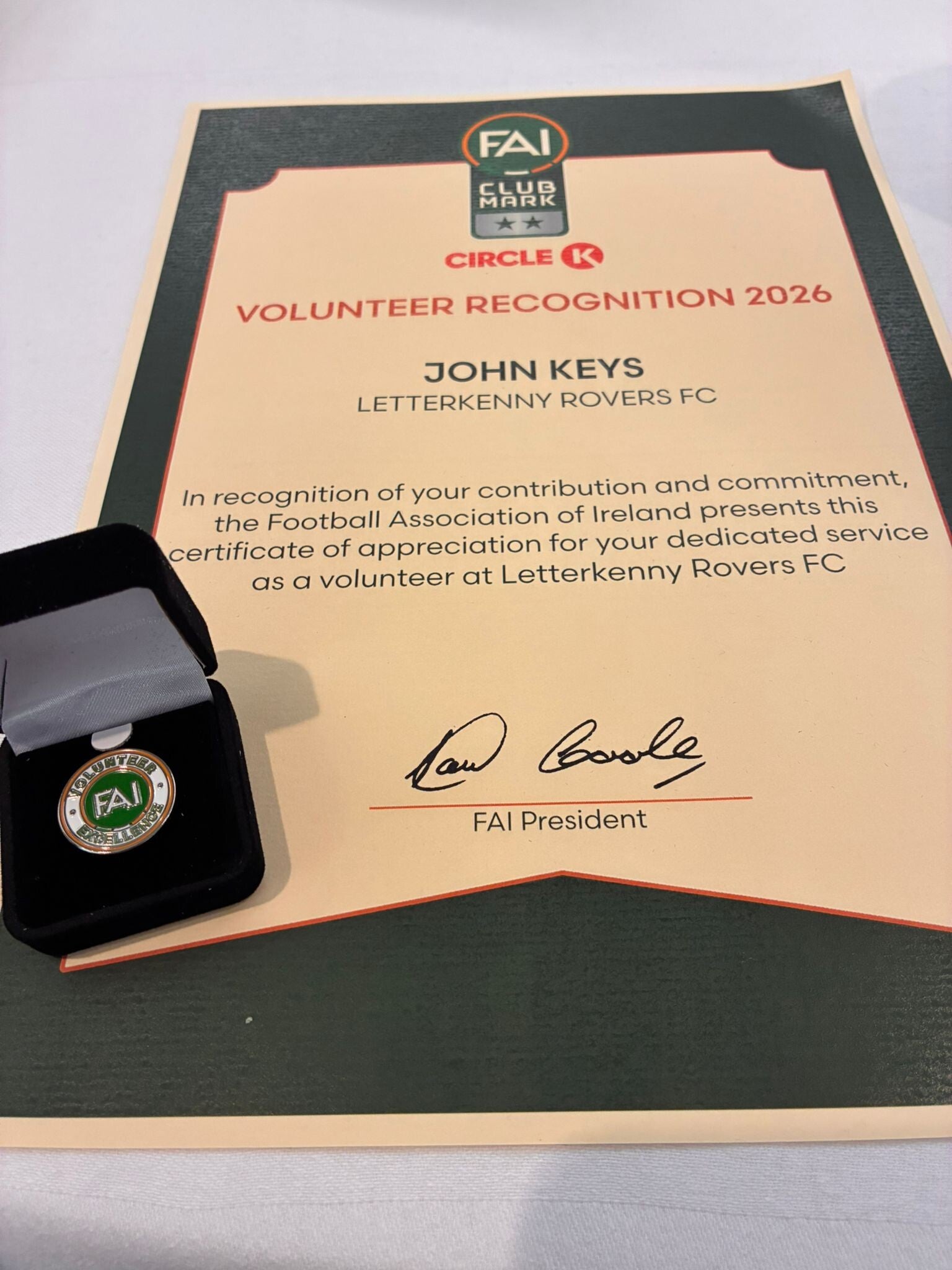 Letter of recognition for Johnny Keys a Letterkenny Rovers Coach. The recognition is for the volunteering work that he does and was present to him by the FAI at the Aviva Stadium 28th May 2026
