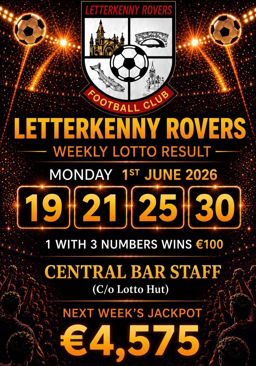 Image of the winning numbers from the club lotto draw which takes place weekly