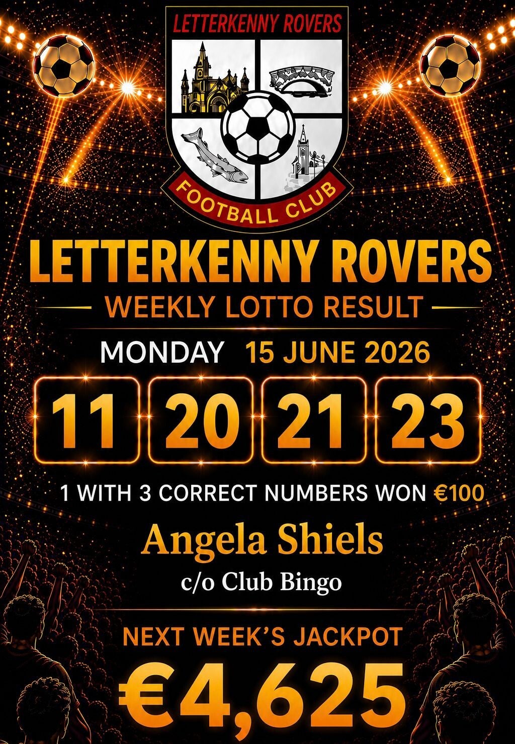 Image of the winning numbers from the club lotto draw which takes place weekly