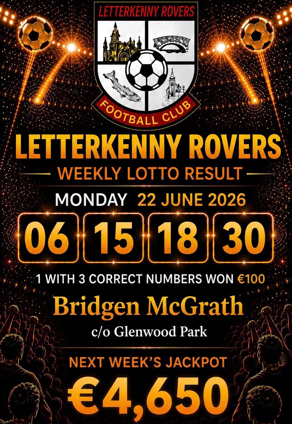 Image of the winning numbers from the club lotto draw which takes place weekly