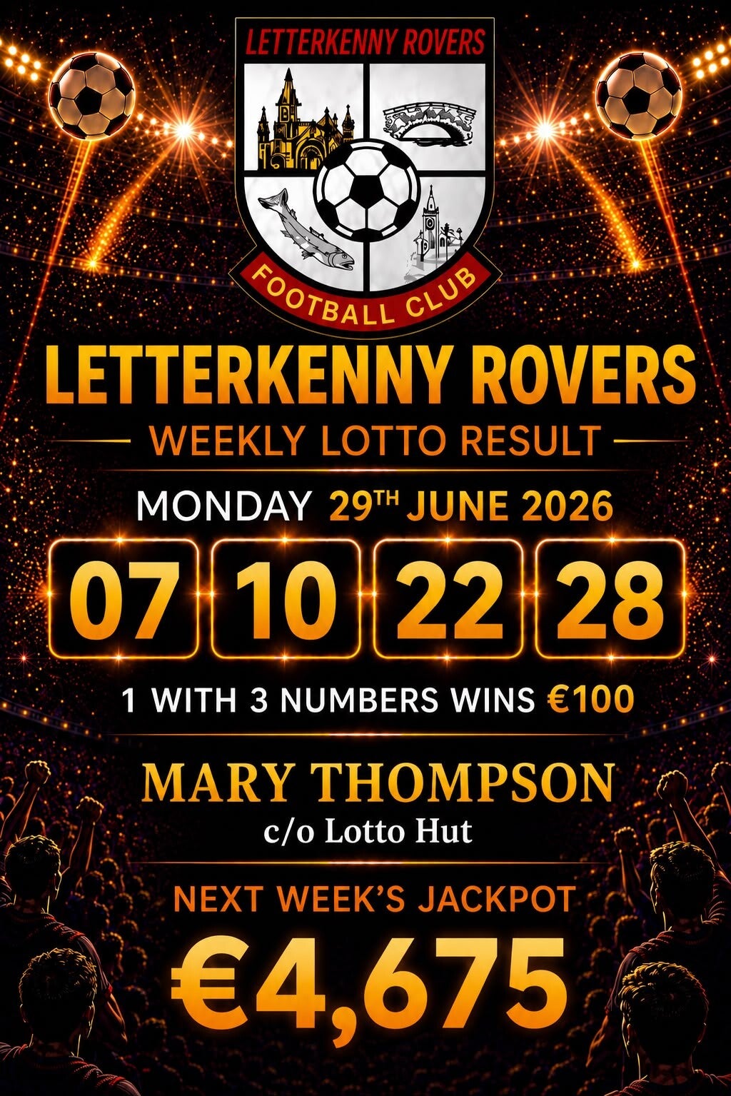 Image of the winning numbers from the club lotto draw which takes place weekly