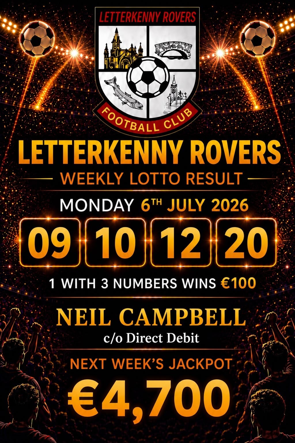 Image of the winning numbers from the club lotto draw which takes place weekly