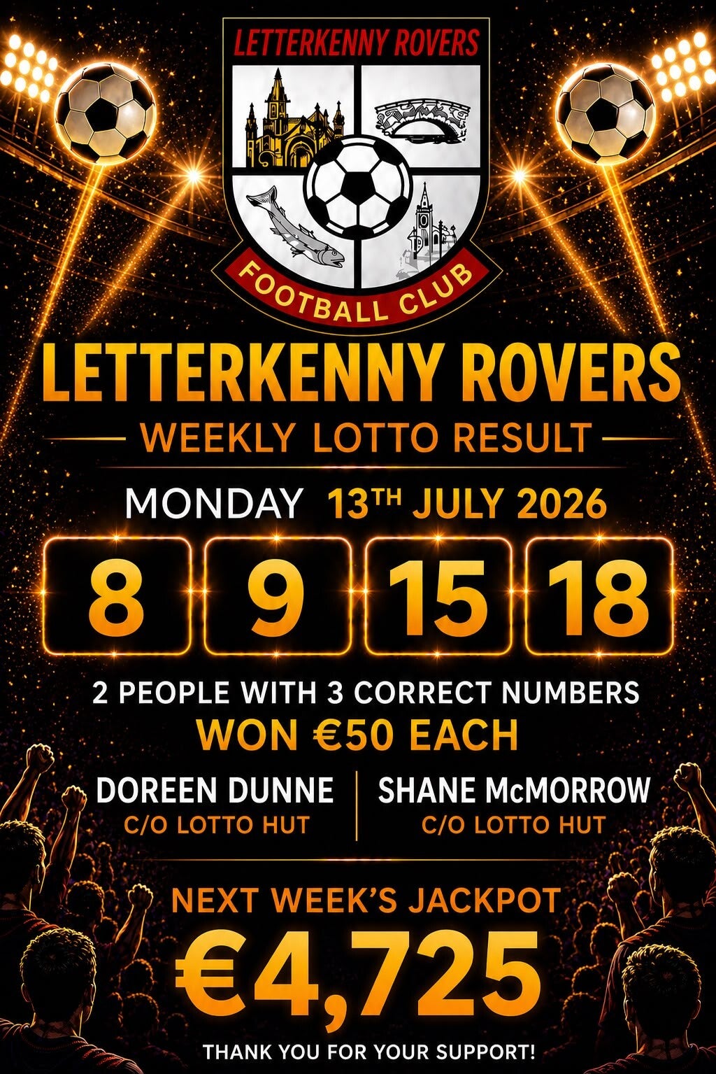 Image of the winning numbers from the club lotto draw which takes place weekly