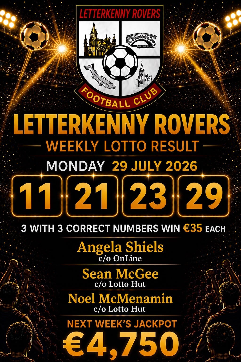 Image of the winning numbers from the club lotto draw which takes place weekly