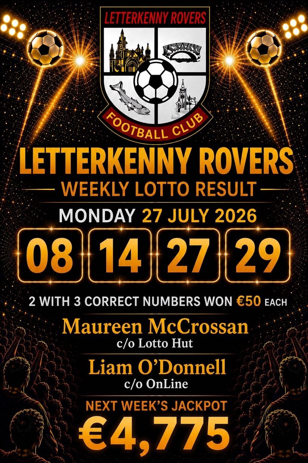 Image of the winning numbers from the club lotto draw which takes place weekly