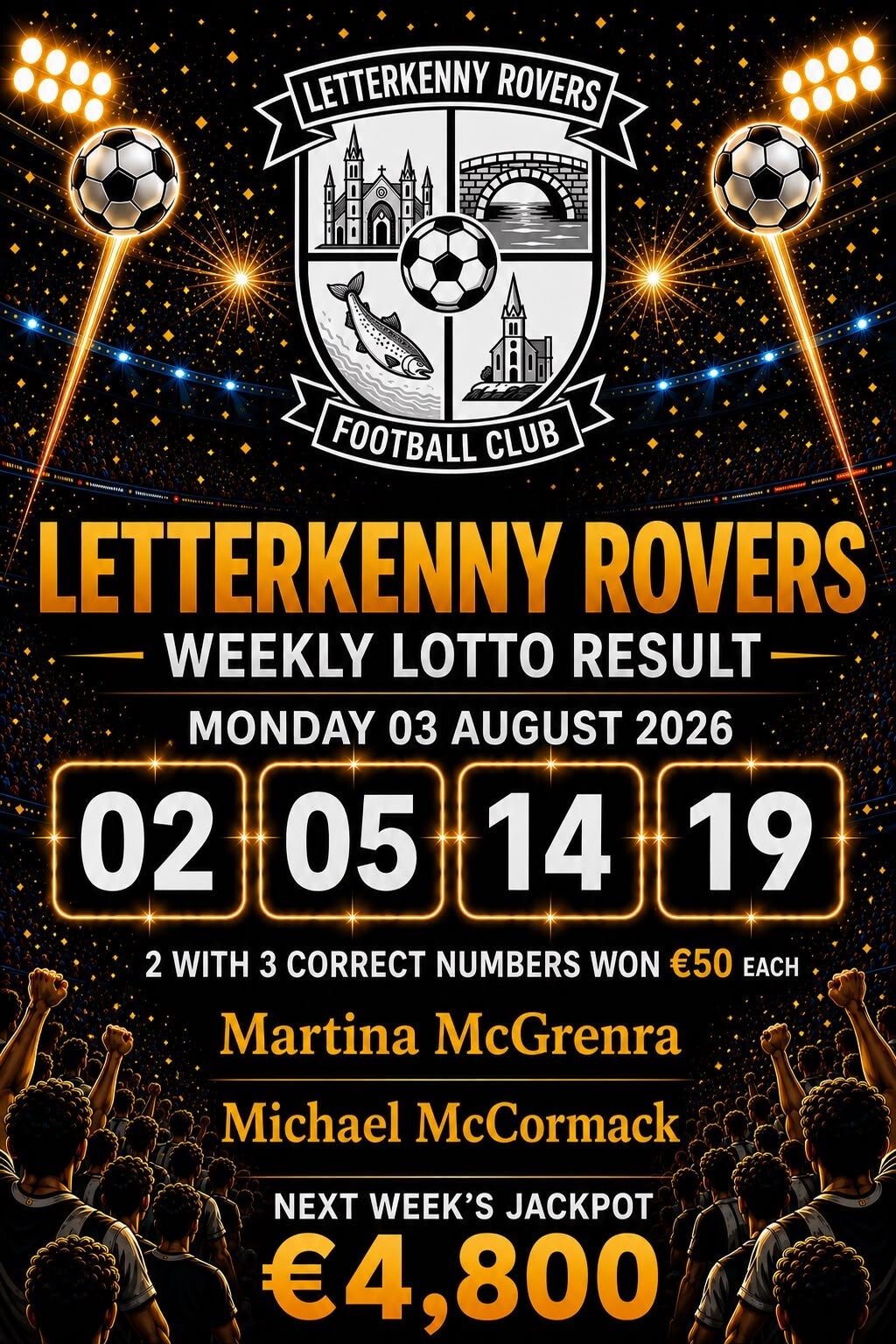 Image of the winning numbers from the club lotto draw which takes place weekly