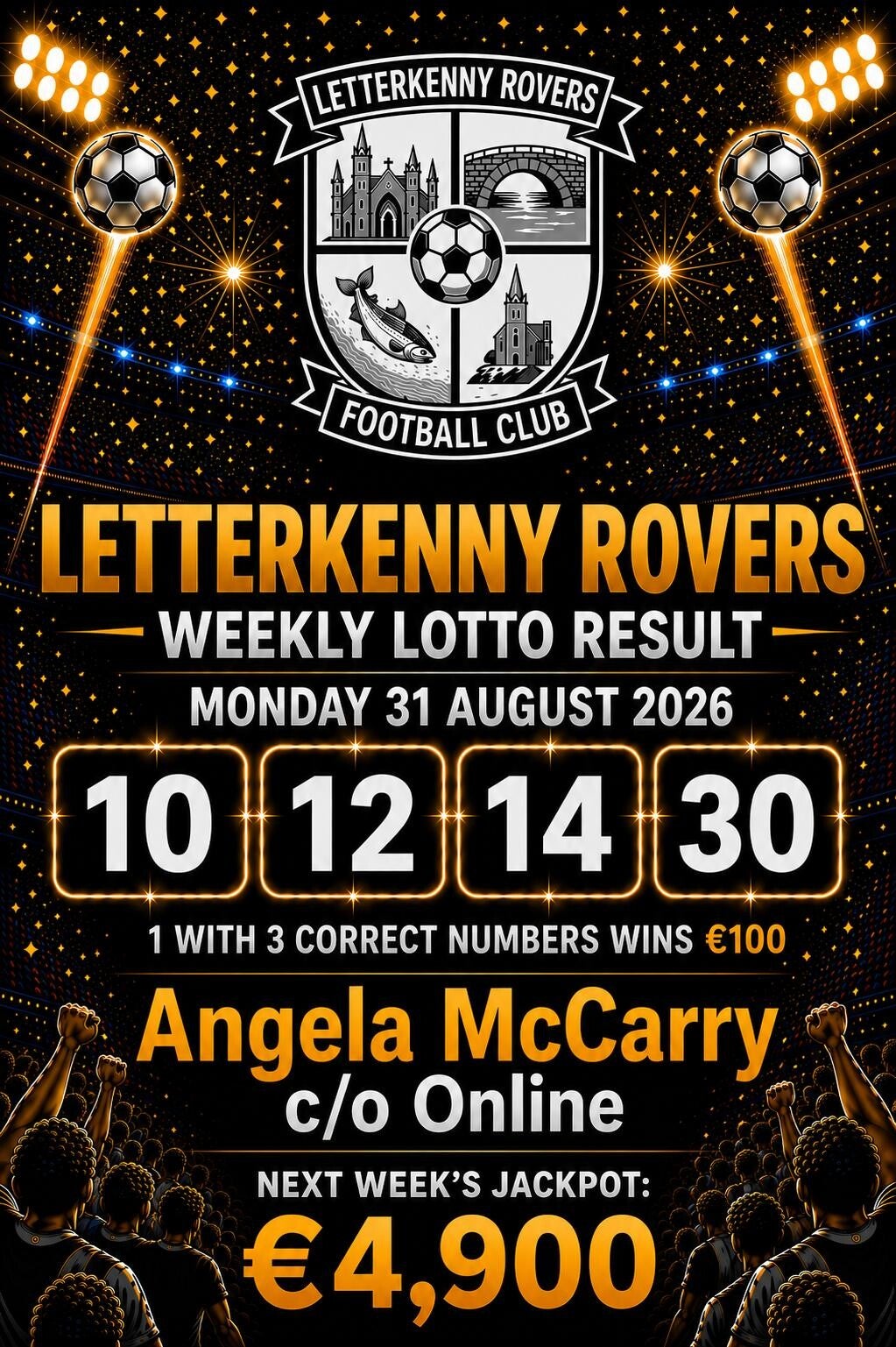 Image of the winning numbers from the club lotto draw which takes place weekly