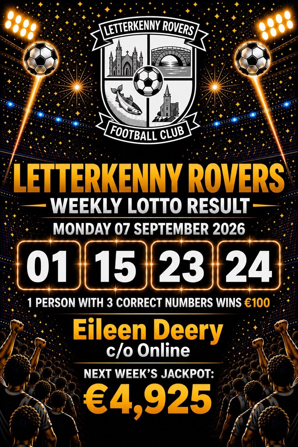 Image of the winning numbers from the club lotto draw which takes place weekly