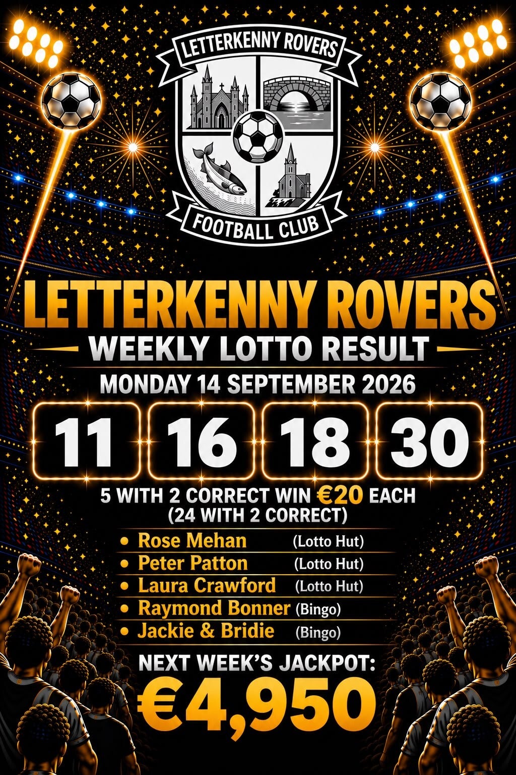 Image of the winning numbers from the club lotto draw which takes place weekly
