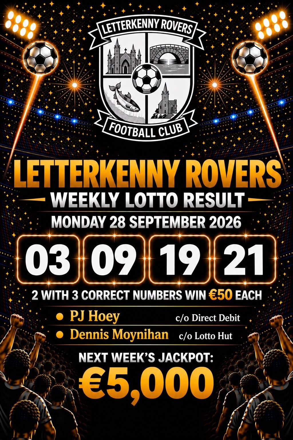 Image of the winning numbers from the club lotto draw which takes place weekly