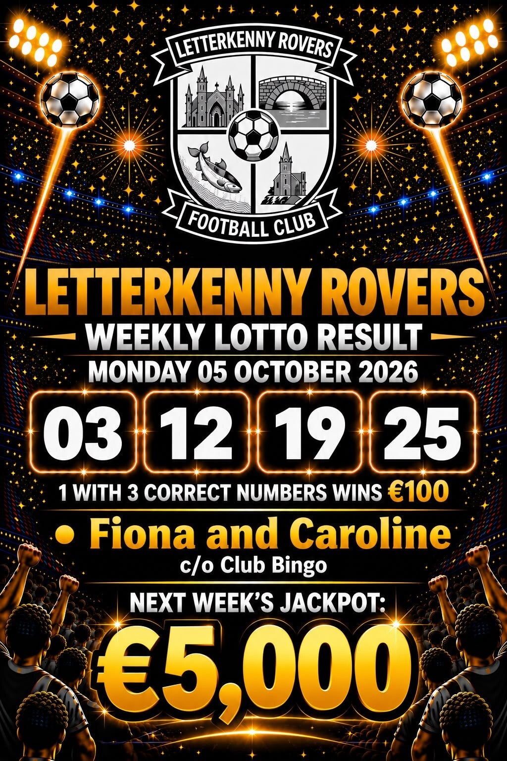 Image of the winning numbers from the club lotto draw which takes place weekly