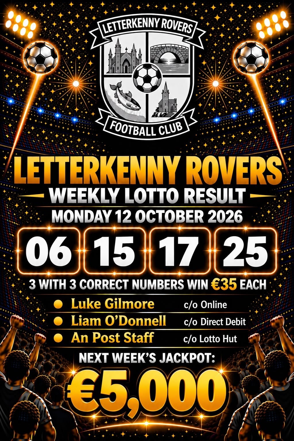 Image of the winning numbers from the club lotto draw which takes place weekly