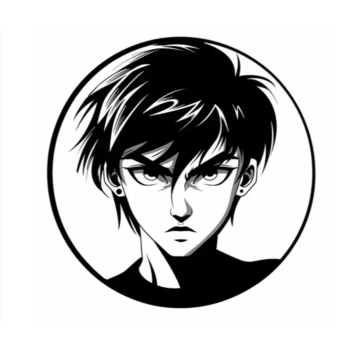 Portrait anime en noir et blanc, style manga intense