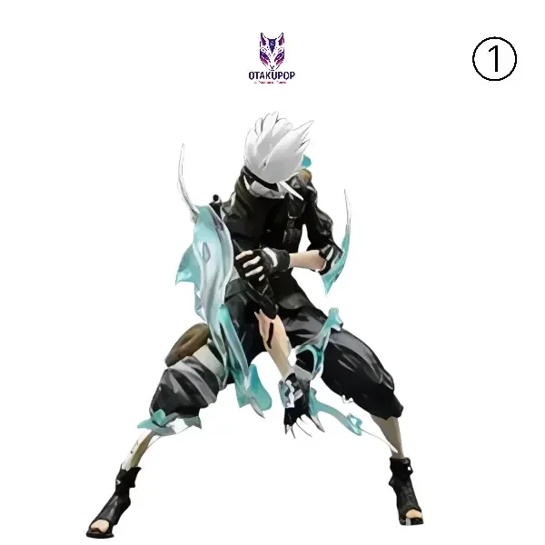 Figurine Kakashi Hatake de Naruto en pose de combat avec effets de foudre turquoise Chidori et cheveux blancs