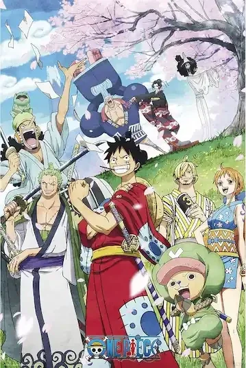 One Piece arc Wano poster officiel avec l'équipage du Chapeau de Paille en tenues traditionnelles japonaises sous les cerisiers