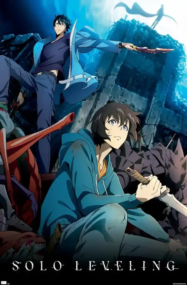Affiche anime Solo Leveling montrant Sung Jinwoo le chasseur de rang S avec ses soldats ombres et son épée, design bleu et noir