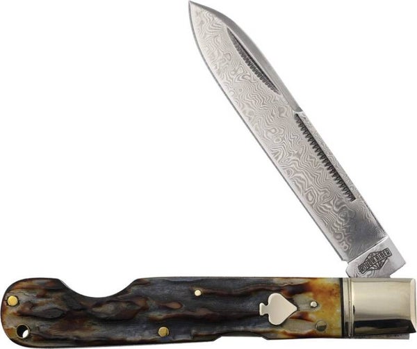 Rough Rider Lockback Cinnamon Bone Damascus Blade