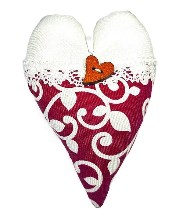Herz 16 mit weißer Spitzenborte, Holzherz und Bändchen zum Aufhängen