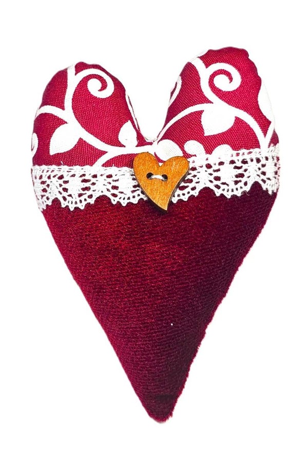 Herz 19 mit weißer Spitzenborte, Holzherz und Bändchen zum Aufhängen