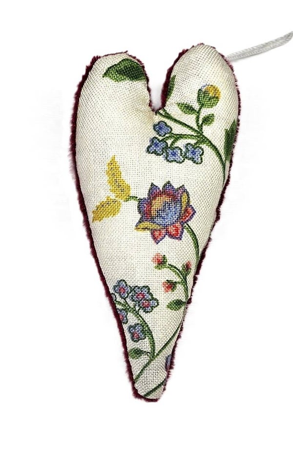 Herz 25 mit floralem Muster und weinroten Samt, Bändchen zum Aufhängen