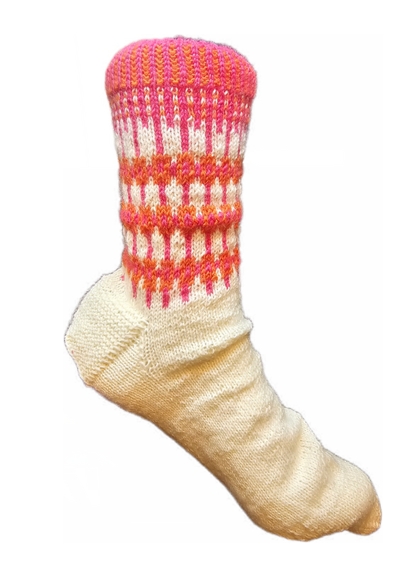 "Fruchtgarn" - Handgestrickte Strümpfe in Weiß, Pink und Orange (Größe 40/41)