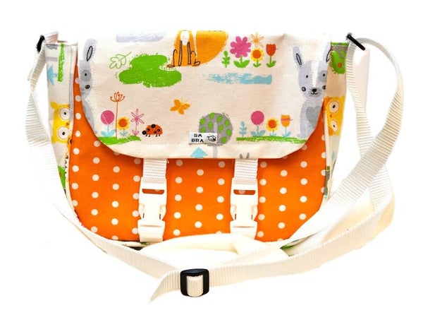 Kindergarten Tasche in orange mit weißen Punkten und Waldtieren, KiTa2
