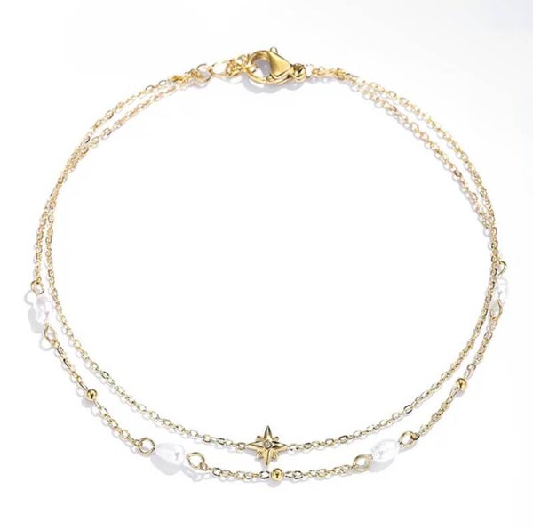 Bracelet double rang doré étoile et perles