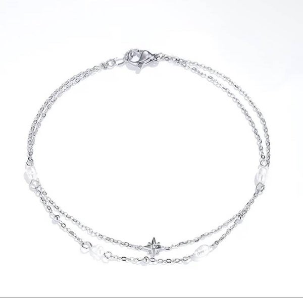 Bracelet double rang argenté étoile et perles