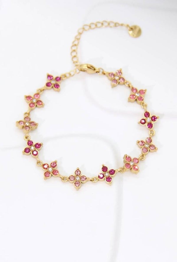 Bracelet Fleurs strass Fushsia