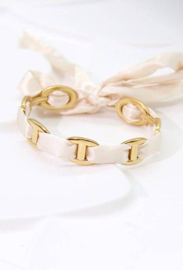 Bracelet jonc tissu satin beige clair